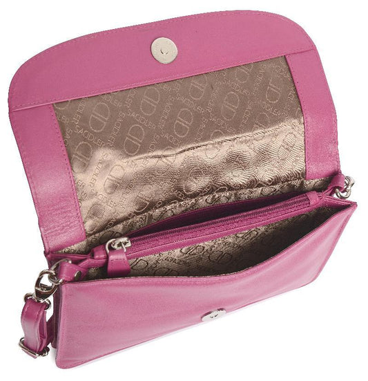 Pink handbag with silver zipper and strap on a white background