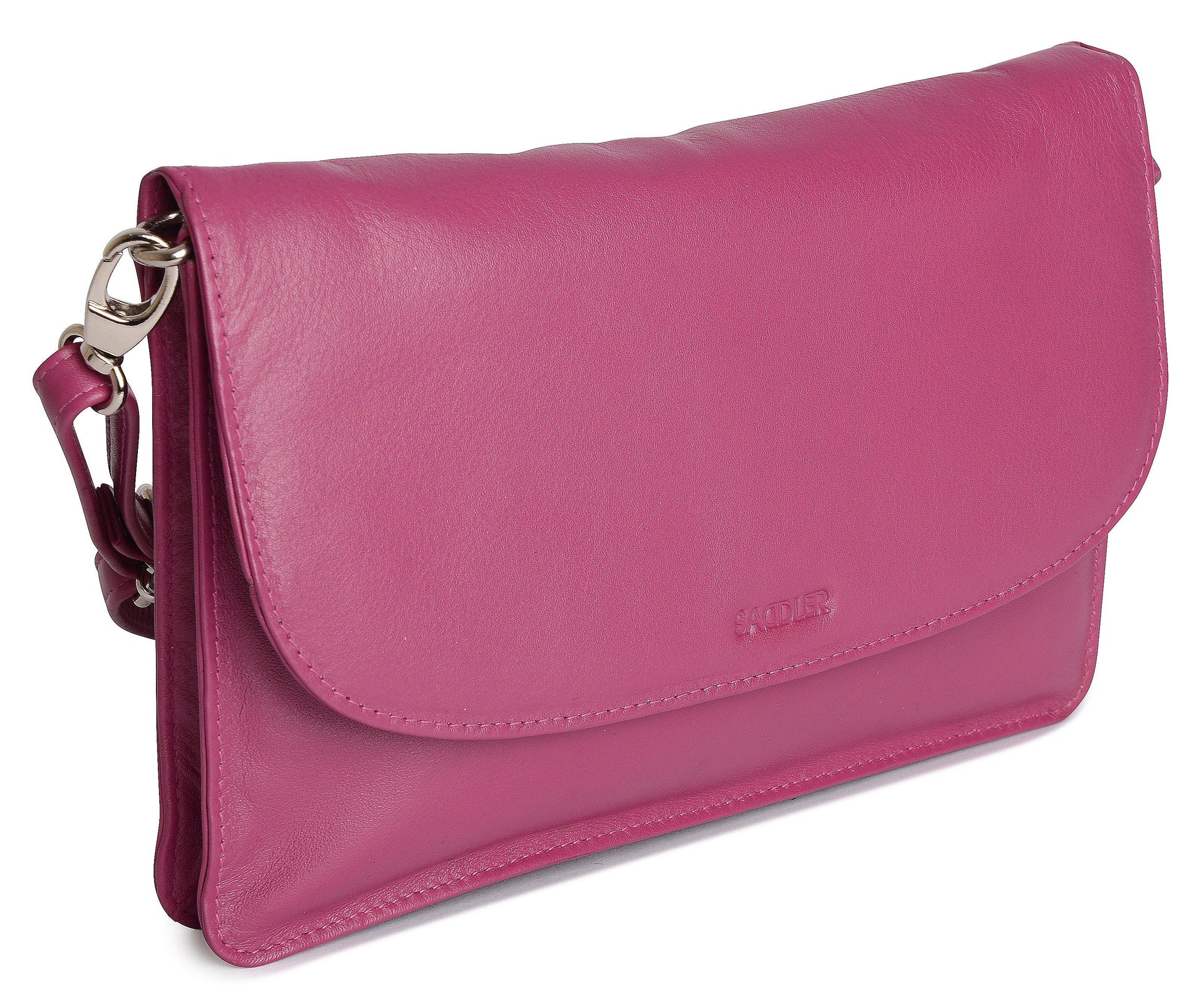 Pink clutch bag with a strap on a white background