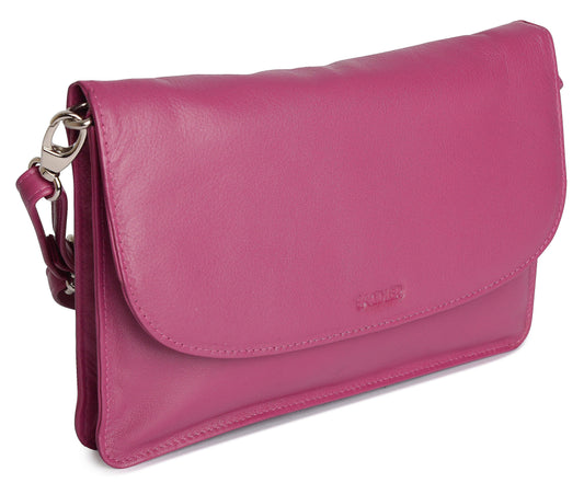 Pink clutch bag with a strap on a white background