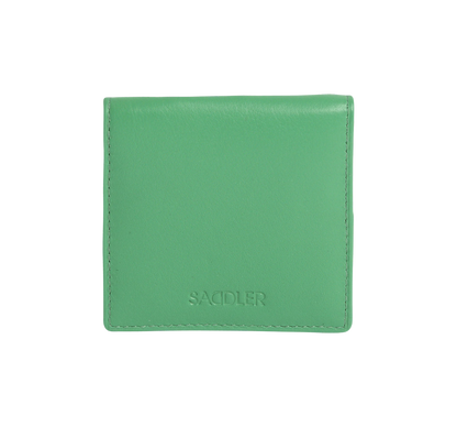 Green leather wallet with 'Saddler' branding on a white background