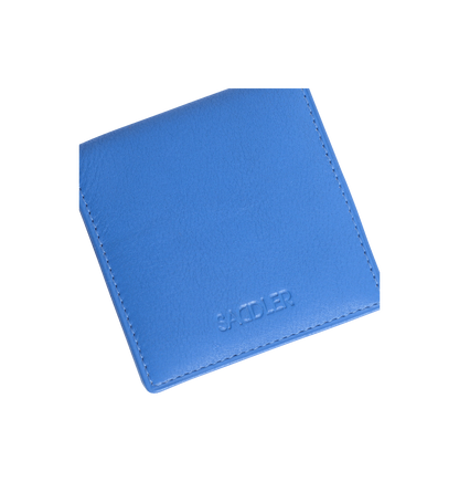 Blue leather wallet with 'SADDLER' branding on a white background