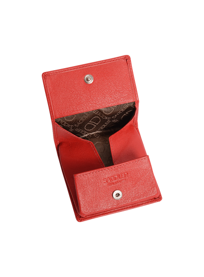 Red wallet with a brand logo on a white background