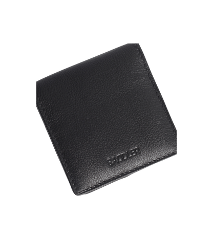 Black leather wallet with a brand logo on a white background