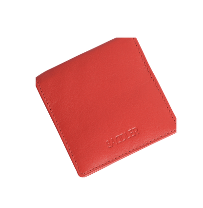 Red leather wallet with 'SADDLER' branding on a white background