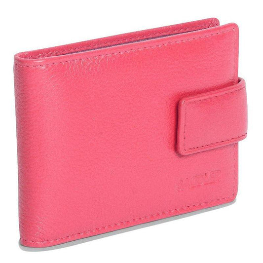 Pink wallet with a visible brand logo on a white background