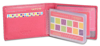 Pink wallet with colorful card holders on a white background