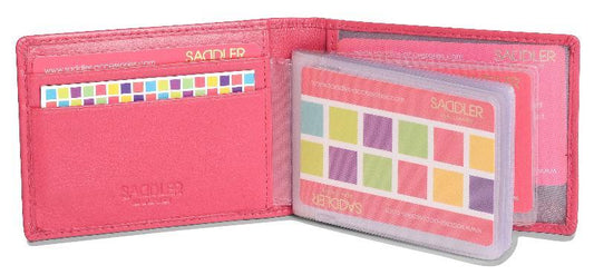 Pink wallet with colorful card holders on a white background