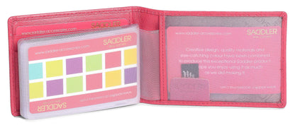 Pink wallet with colorful card holder and SaddleStitch branding