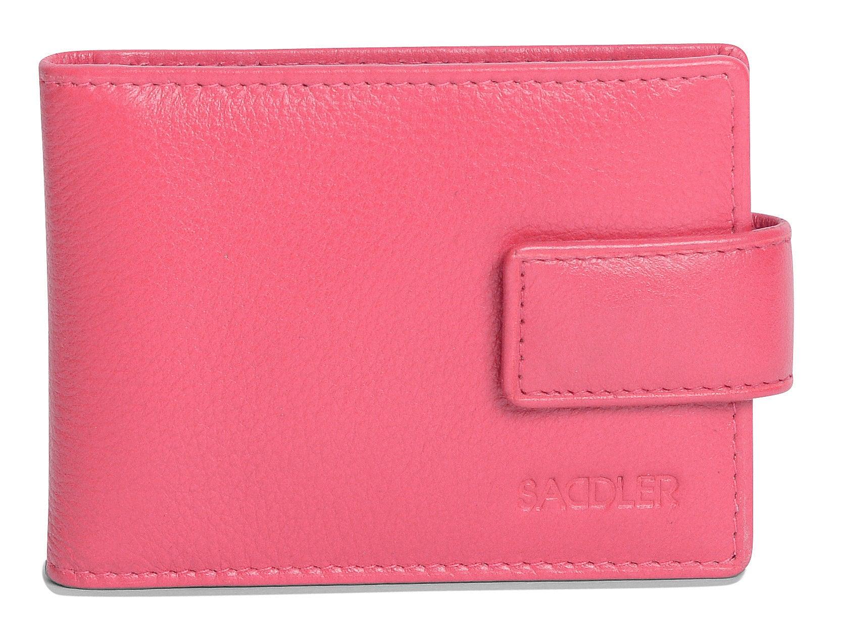 Pink leather wallet with a visible brand logo on a white background
