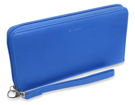 Blue wallet with a wrist strap on a white background