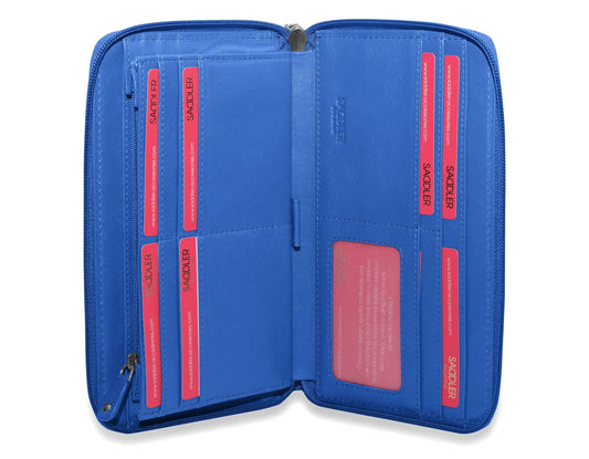 Blue travel organizer with red accents and Sackler logo on a white background