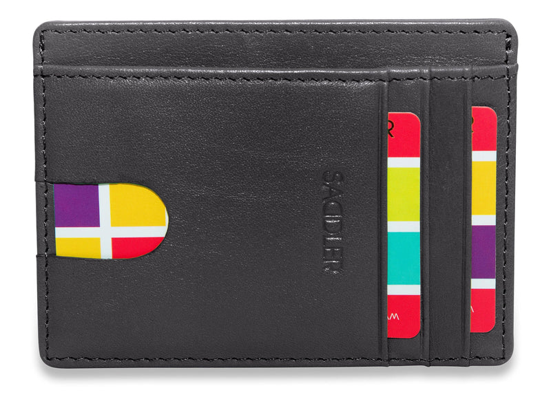 Black leather cardholder with colorful accents and 'SADDLER' branding on a white background