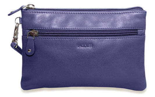 Blue leather pouch with a zipper on a white background