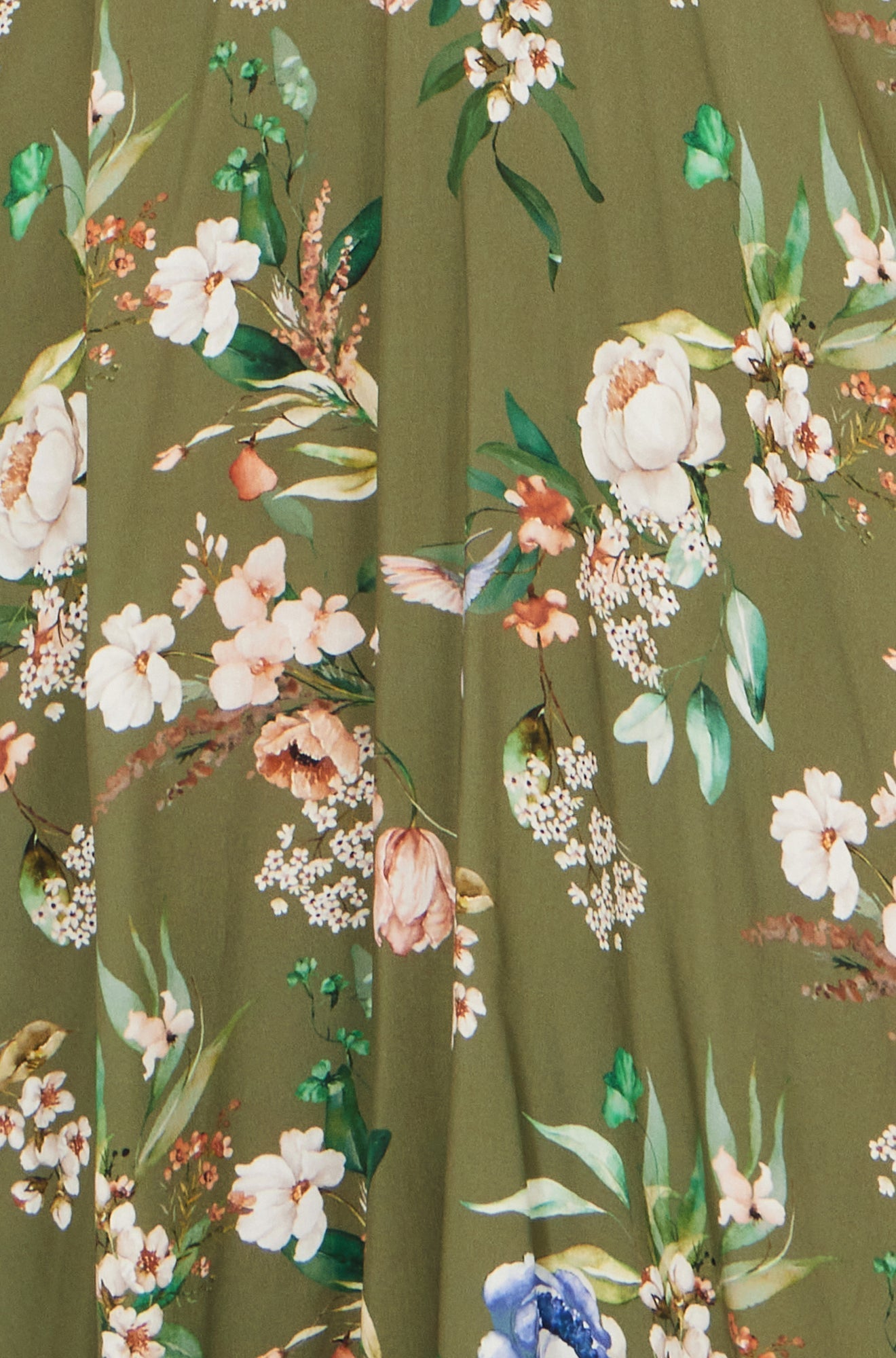 Sage Green Viscose Floral Print Midi Dress With Ruched Waist - Bascora
