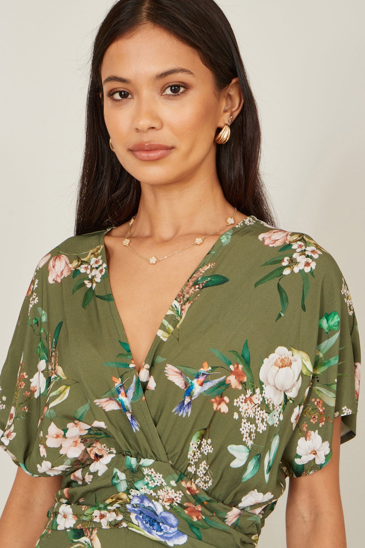 Sage Green Viscose Floral Print Midi Dress With Ruched Waist - Bascora