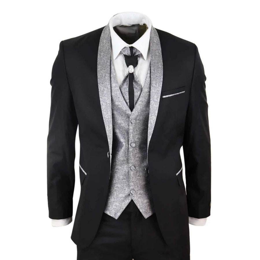 Men's 4 Piece Groom Wedding Suit with Shawl Collar and Black Silver Cravat