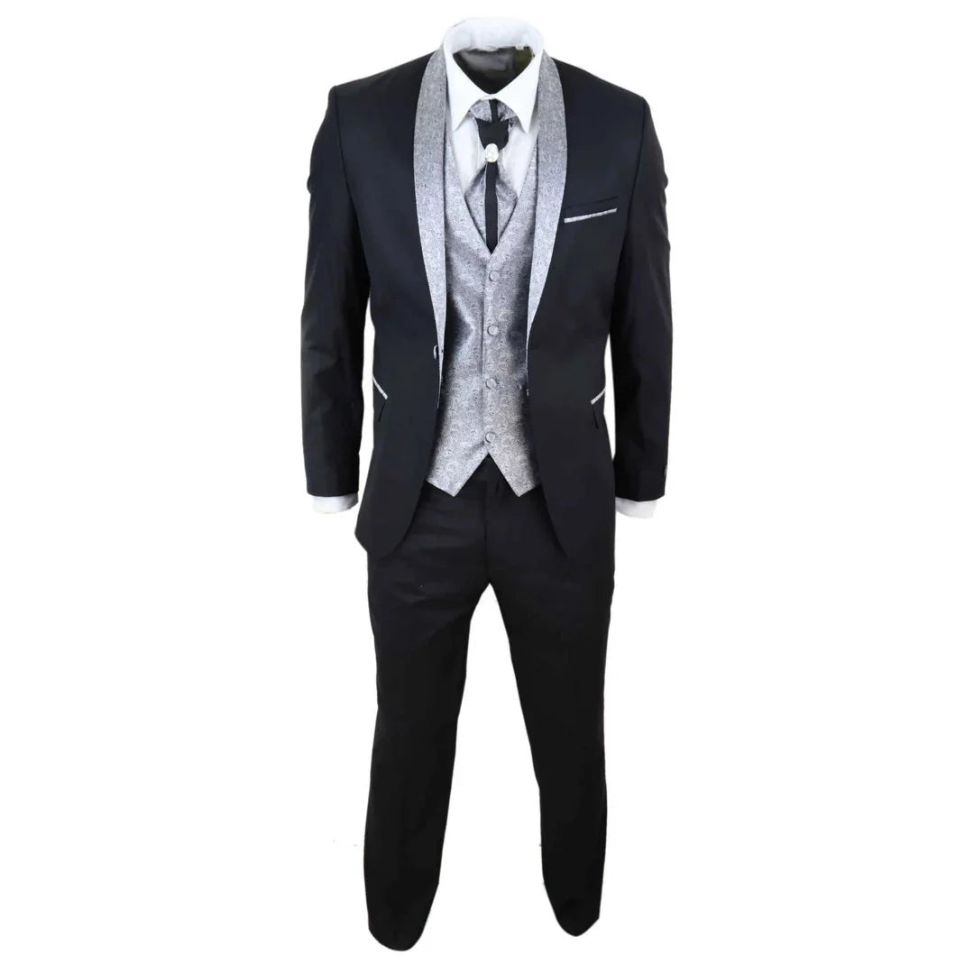 Men's 4 Piece Groom Wedding Suit with Shawl Collar and Black Silver Cravat
