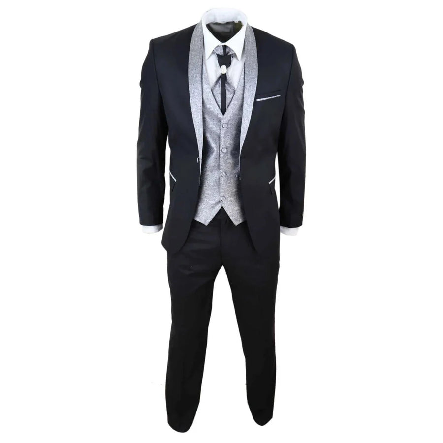 Men's 4 Piece Groom Wedding Suit with Shawl Collar and Black Silver Cravat