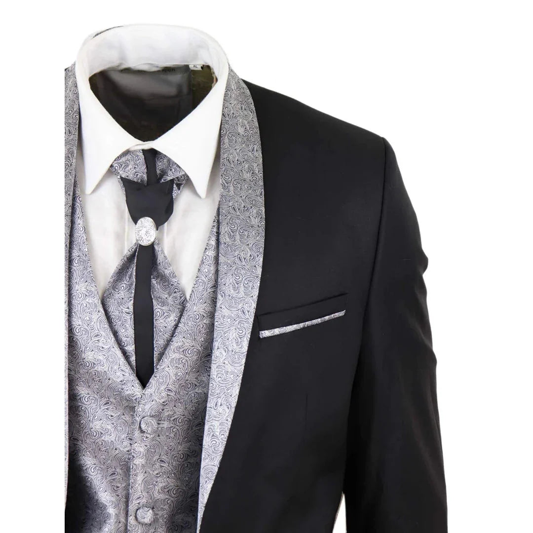 Men's 4 Piece Groom Wedding Suit with Shawl Collar and Black Silver Cravat