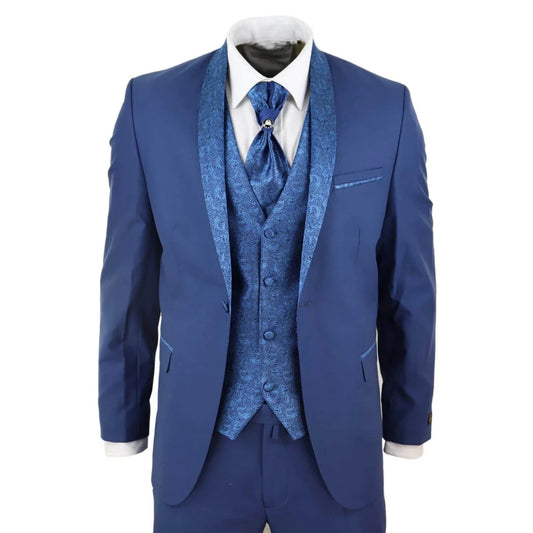 Men's 4 Piece Groom Wedding Suit with Shawl Collar and Blue Cravat