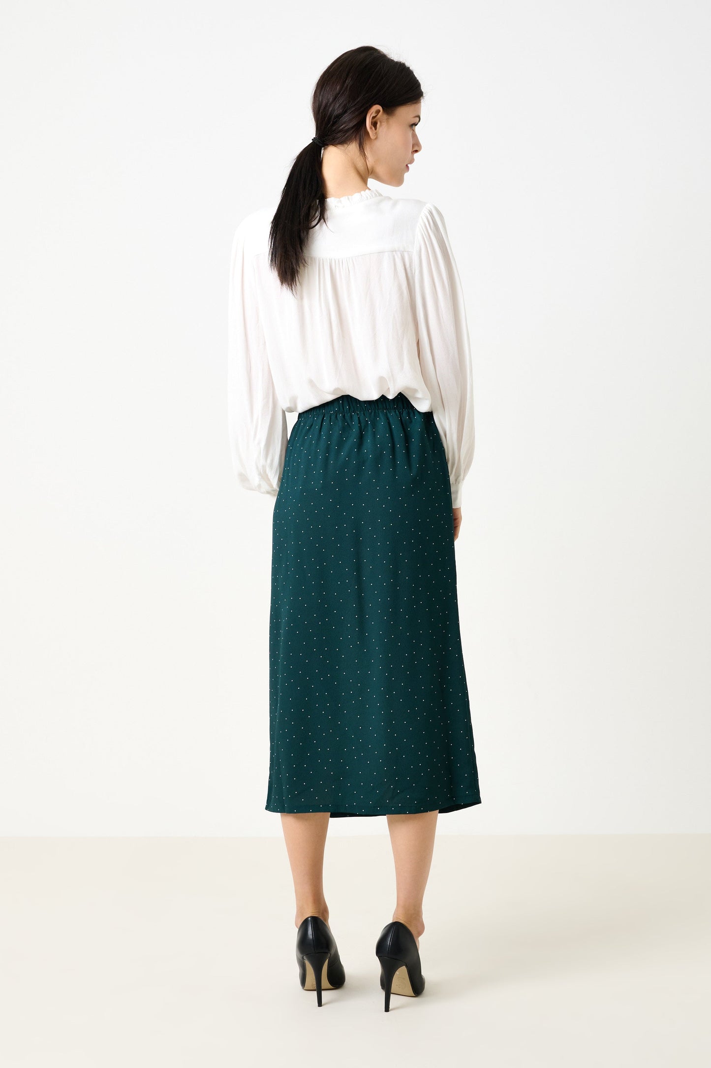Saro Micro Dot Dark Green Bias Midi Skirt - Bascora