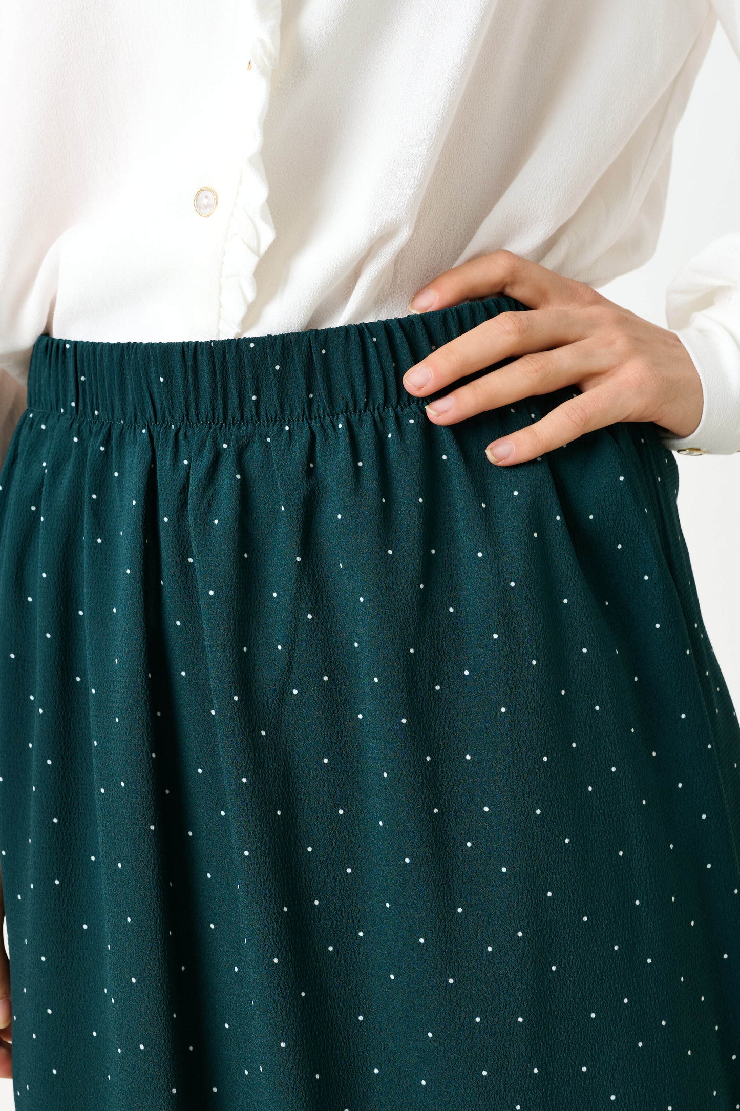 Saro Micro Dot Dark Green Bias Midi Skirt - Bascora