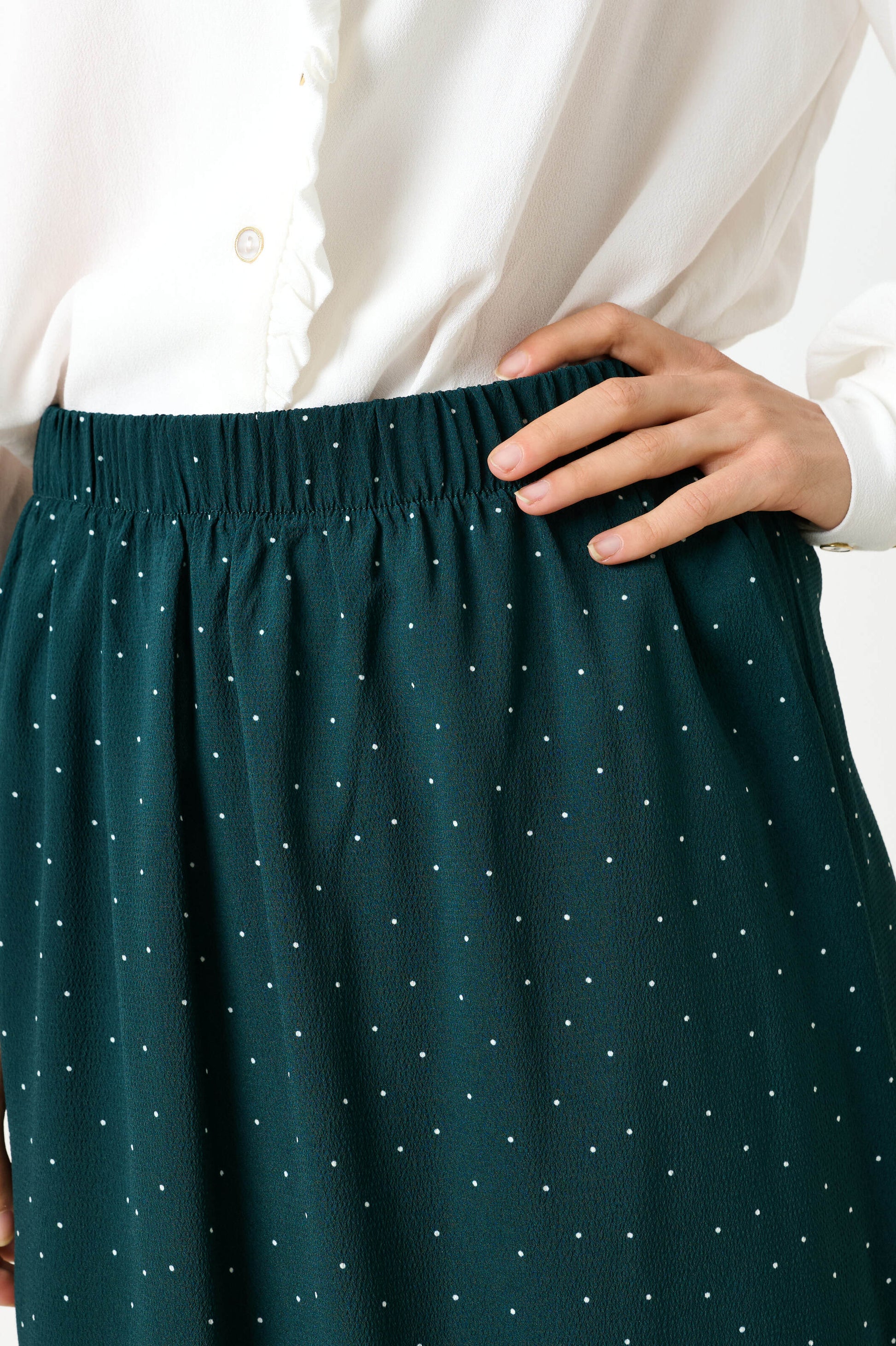 Saro Micro Dot Dark Green Bias Midi Skirt - Bascora