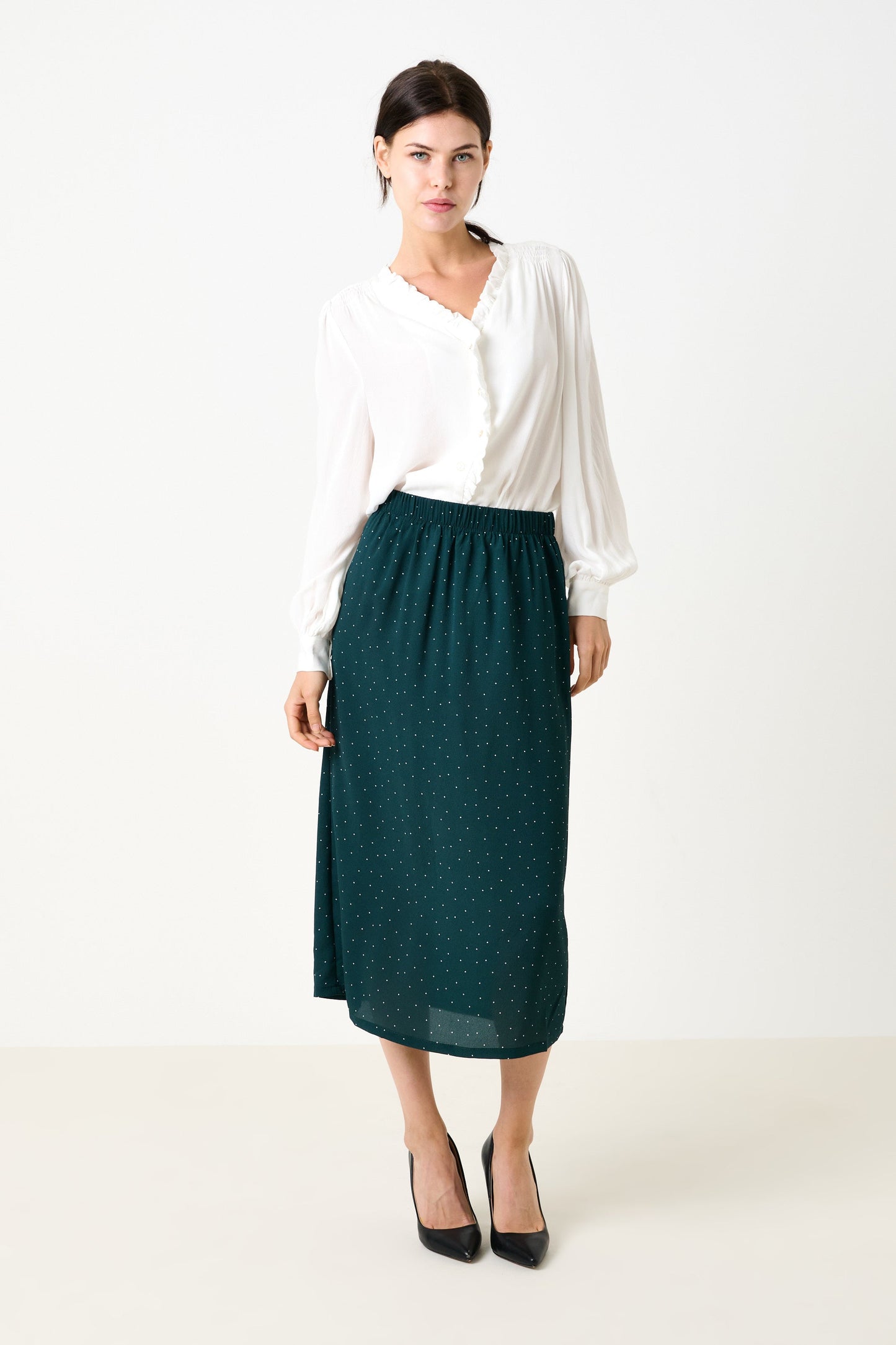 Saro Micro Dot Dark Green Bias Midi Skirt - Bascora