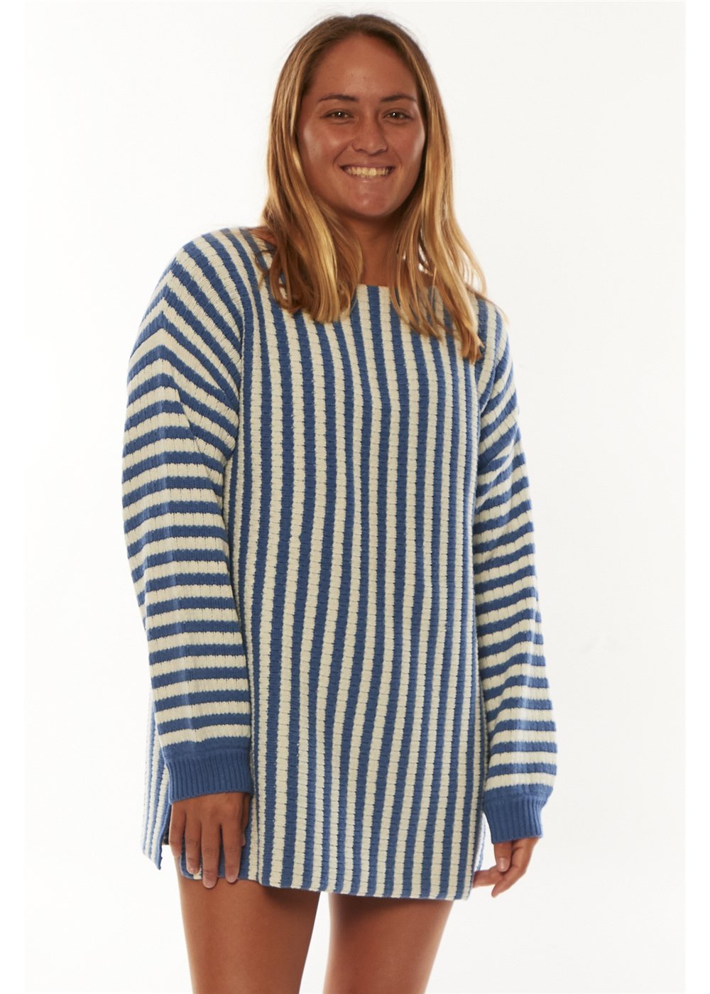 Girl wearing striped long sweater