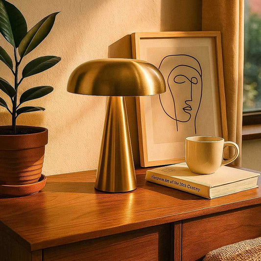 Gold table lamp on a wooden surface with a plant and framed artwork in the background