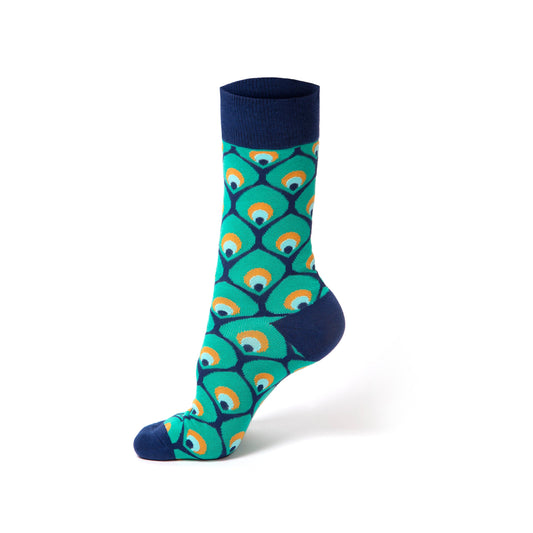 Colorful sock with peacock feather pattern on a white background