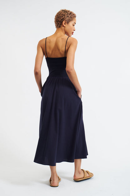 Soumia Jersey Bodice And Recycled Cotton Skirt Midaxi Dress - Navy - Bascora