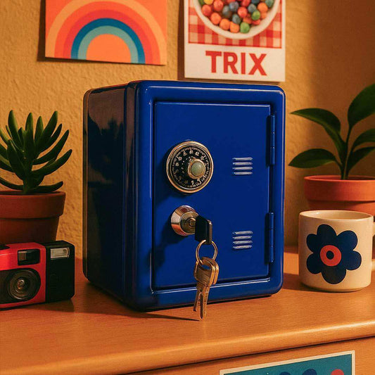 Blue safe box on a wooden surface with a camera, mug, and plants in the background.