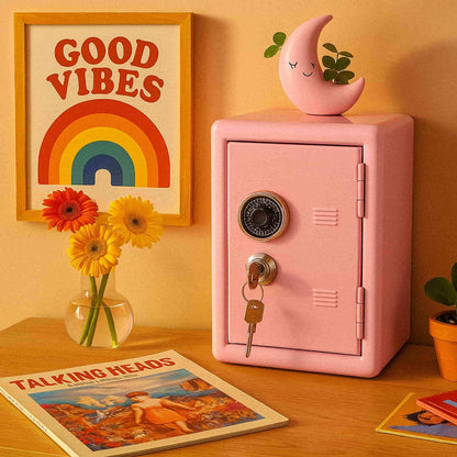 Pink safe box with a key, framed 'Good Vibes' poster, and flowers on a wooden surface.