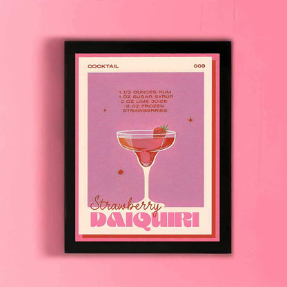 Framed poster of a strawberry daiquiri cocktail recipe on a pink background