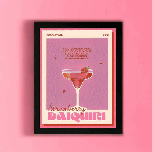 Framed poster of a strawberry daiquiri cocktail recipe on a pink background