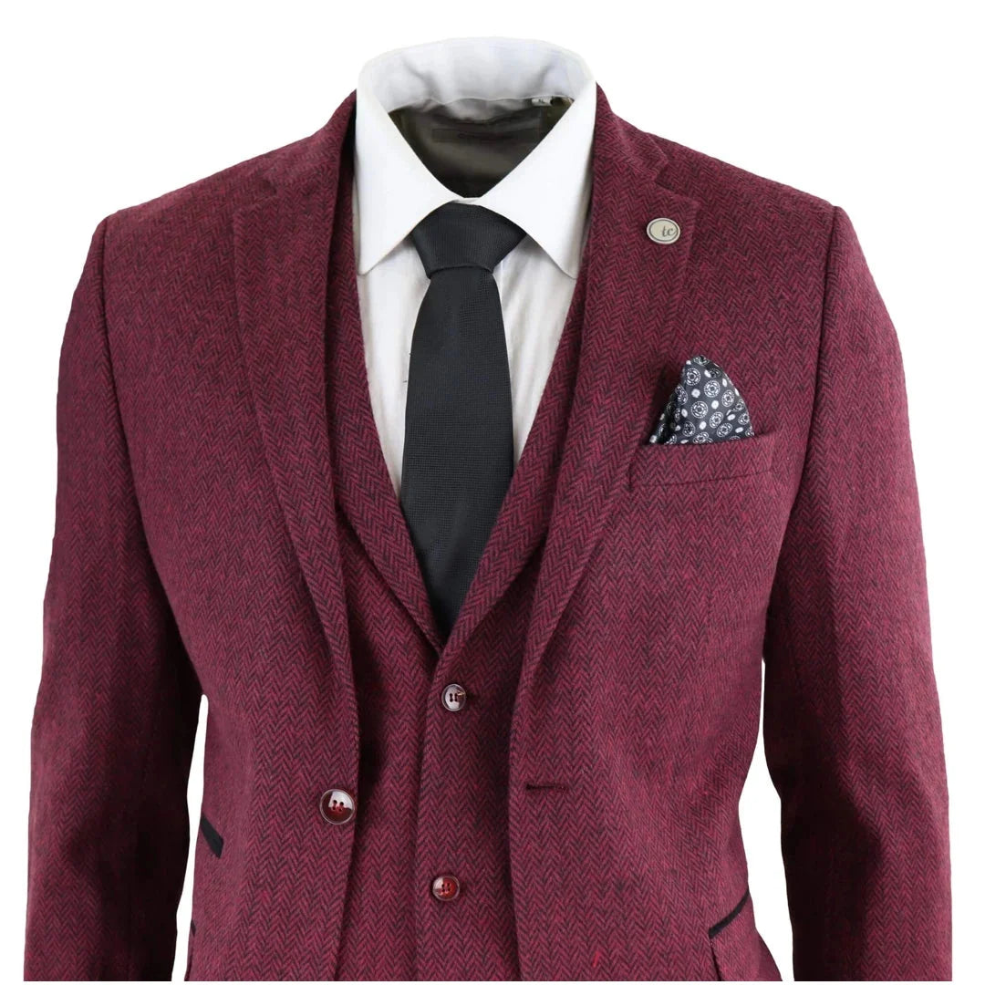 Men's Wool Tweed Burgundy Black Classic 3 Piece Suit