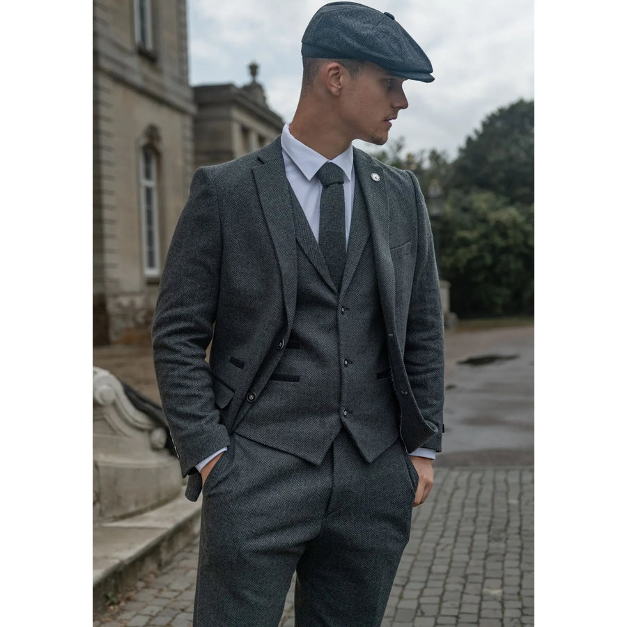 Men's Grey Black Herringbone Wool Tweed 3 Piece Suit