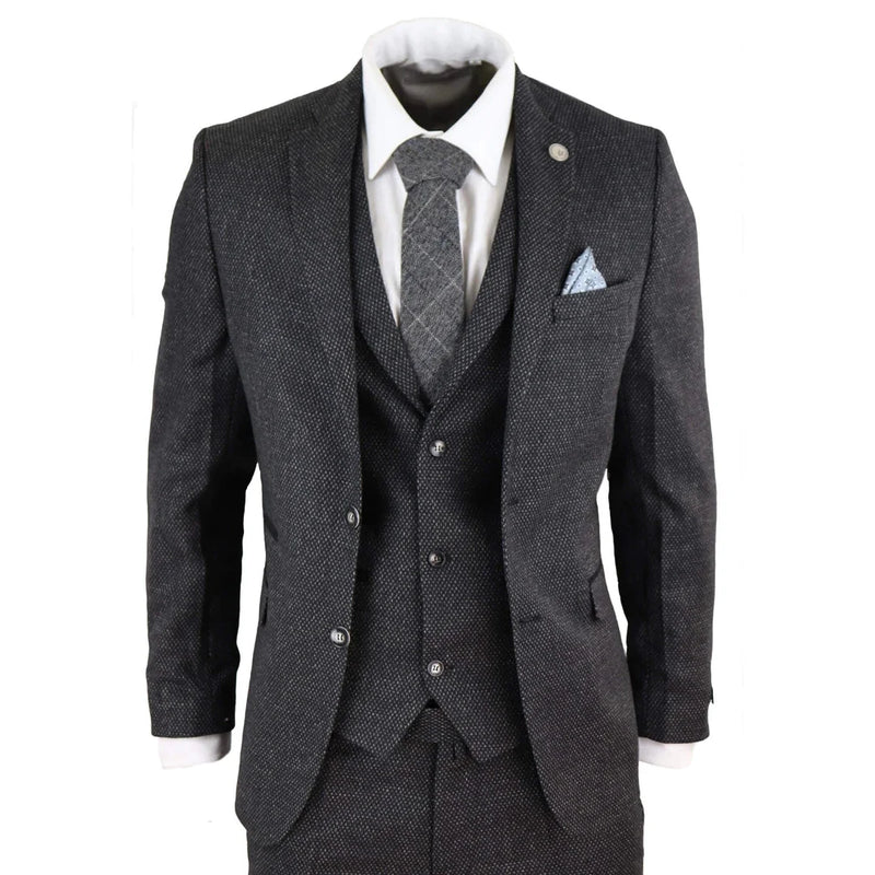 Men's Wool Tweed Charcoal Black Classic 3 Piece Suit