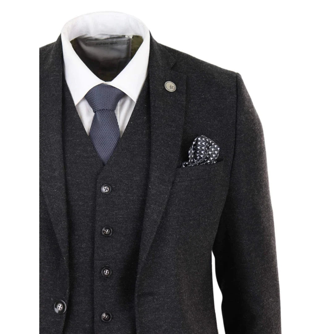 Men's Black Wool Tweed 3 Piece Authentic 1920s Classic Suit