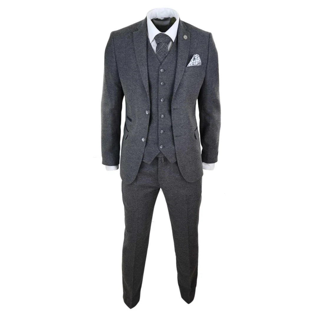 Men's Wool Tweed 3 Piece Authentic 1920s Classic Suit with Four-Pocket Waistcoat