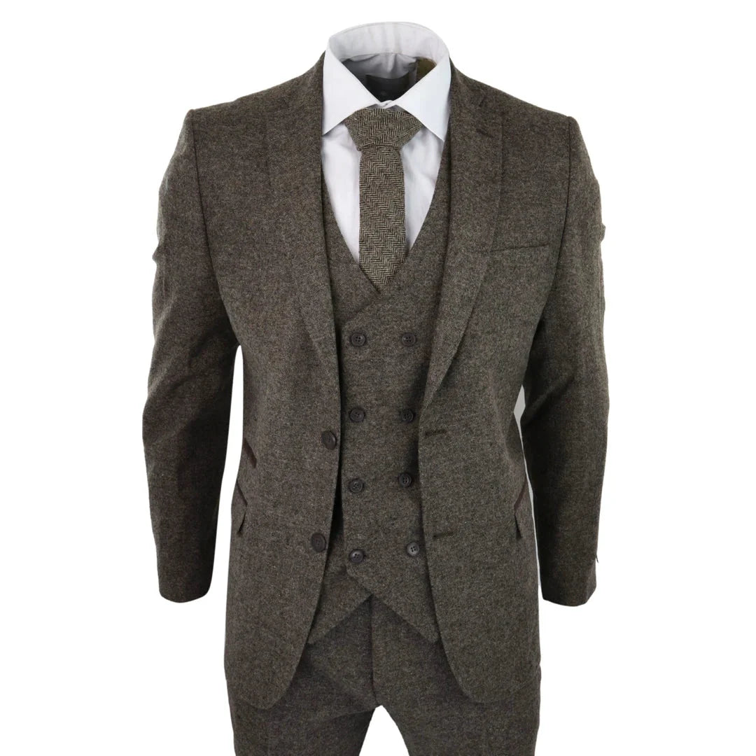 Men's Oak Wool Tweed Double Breasted Waistcoat 3 Piece Blinders 1920s Suit