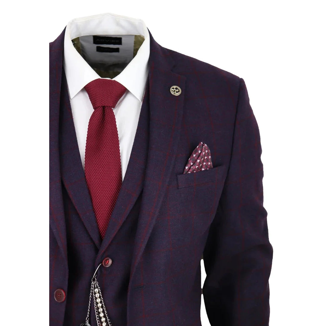 STZ70 Men's 3 Piece Wool Tweed Plum Wine Check 1920s Gatsby Suit