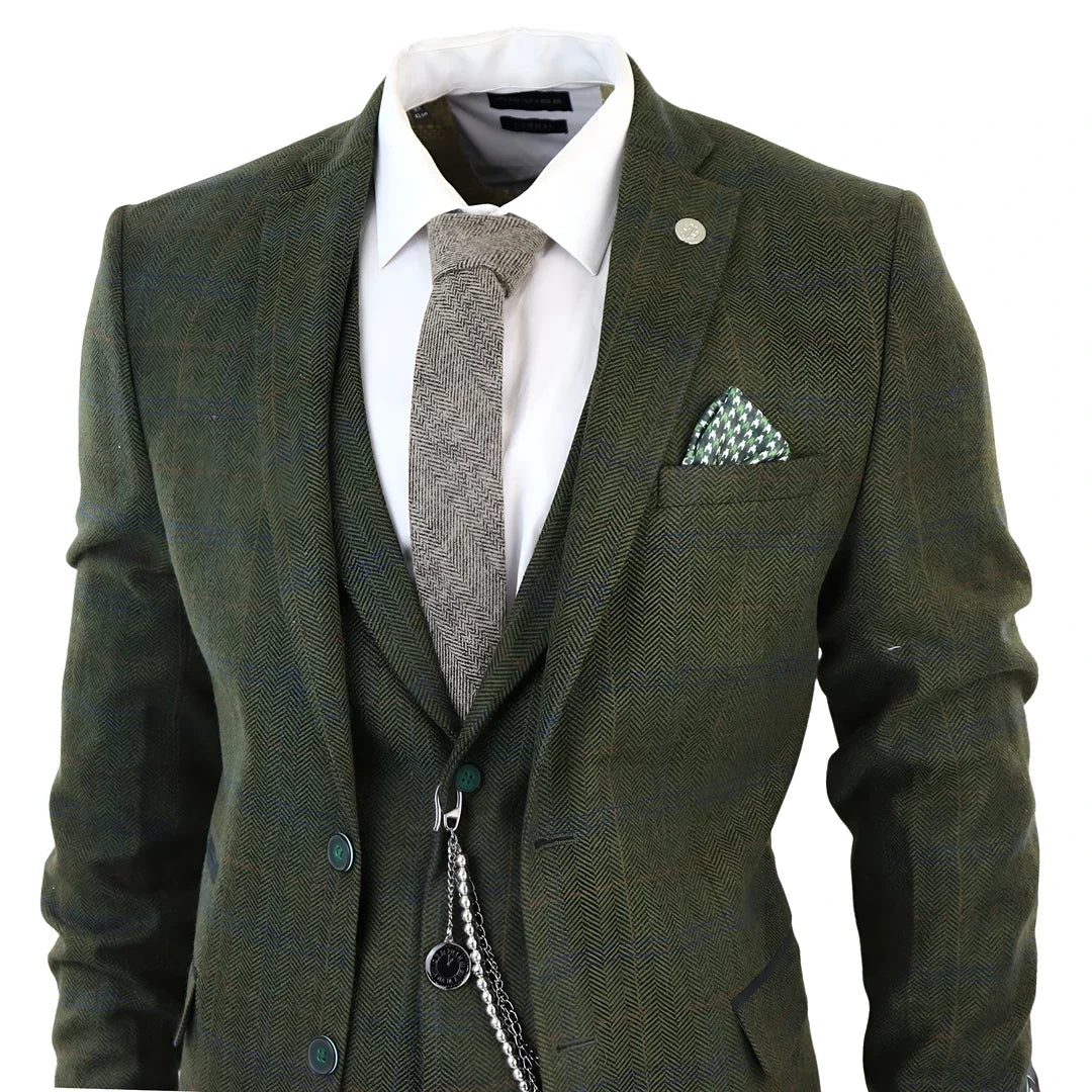 Men's 3 Piece Wool Tweed Green Blue Brown Check Gatsby Suit