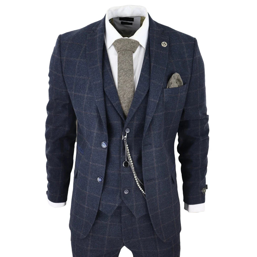 Men's 3 Piece Wool Tweed Navy Blue Brown Check 1920s Gatsby Suit
