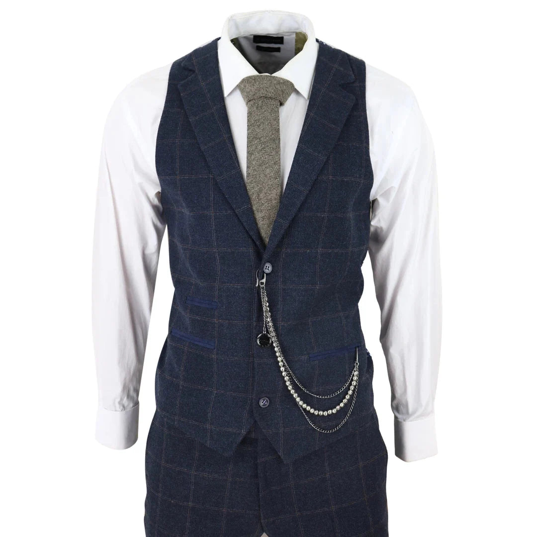 Men's 3 Piece Wool Tweed Navy Blue Brown Check 1920s Gatsby Suit