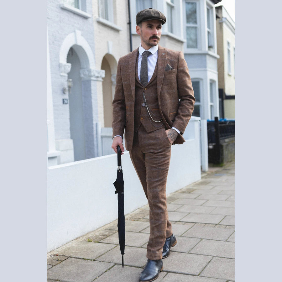 Men's 3 Piece Wool Tweed Herringbone Tan Brown Blue Check Gatsby Suit