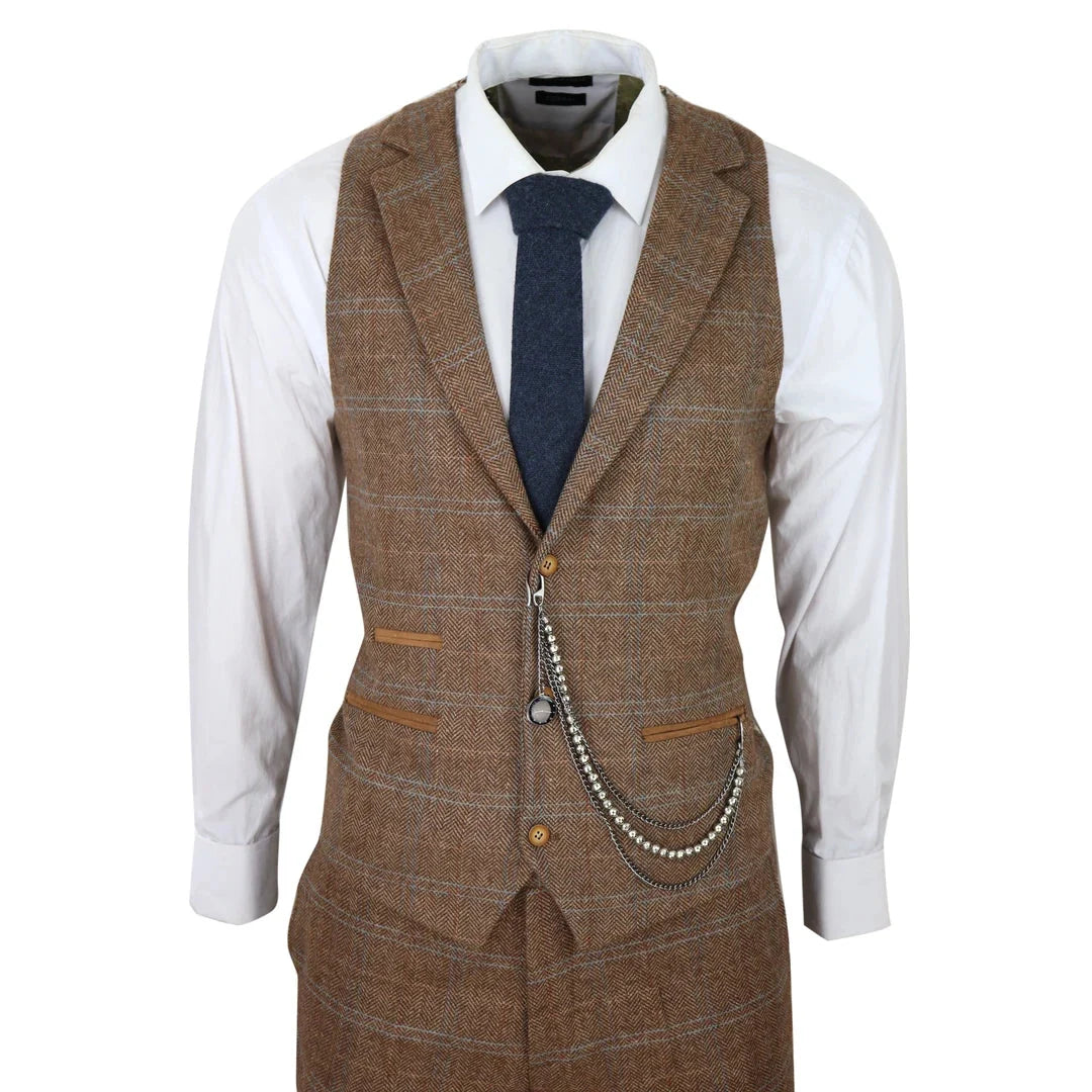 Men's 3 Piece Wool Tweed Herringbone Tan Brown Blue Check Gatsby Suit