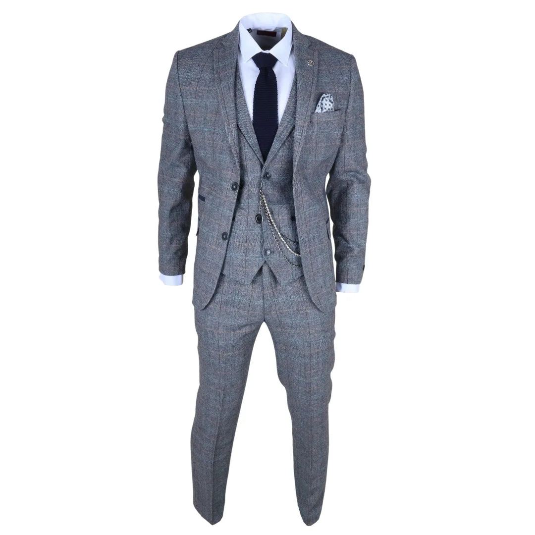 Men's 3 Piece Wool Tweed Light Blue Grey Check Suit
