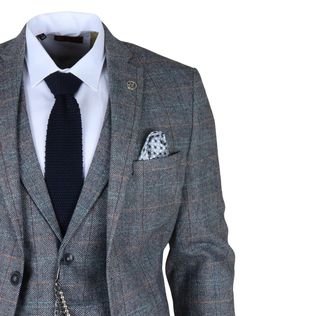 Men's 3 Piece Wool Tweed Light Blue Grey Check Suit
